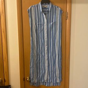 Kavu Women’s Striped Sleeveless Shift Shirtdress Button Down Blue Rayon Small